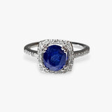 14k White Gold Round Blue Sapphire Diamond Halo Ring