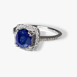 14k White Gold Round Blue Sapphire Diamond Halo Ring Side View