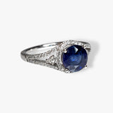 14k White Gold Round Blue Sapphire Diamond Pavé Split Shank Ring Side View