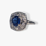 14k White Gold Round Blue and White Sapphire Vintage Ring Side View