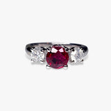 14k White Gold Round Ruby and Diamond Three-Stone Ring
