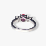 14k White Gold Round Ruby and Diamond Three-Stone Ring Back View