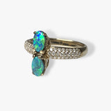 14k Yellow Gold Australian Black Opal Toi et Moi Diamond Pavé Ring Side View