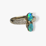 14k Yellow Gold Australian Black Opal Toi et Moi Diamond Pavé Ring Side View