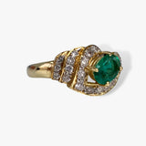 14k Yellow Gold Oval Emerald and Round Diamond Vintage Ring Side View