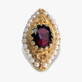 14k Yellow Gold Oval Garnet and Pearl Vintage Cocktail Ring