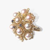 14k Yellow Gold Pearl and Blue Sapphire Cocktail Ring Side View
