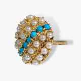 14k Yellow Gold Pearl and Turquoise Vintage Ring Side View