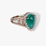 18k Rose Gold Pear-Shaped Cabochon Emerald Diamond Halo Ring Side View