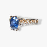 18k Rose and White Gold Oval Blue Sapphire Diamond Split Shank Vintage Ring Side View