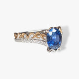 18k Rose and White Gold Oval Blue Sapphire Diamond Split Shank Vintage Ring Side View
