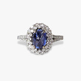 18k White Gold Cabochon Blue Sapphire Diamond Double Halo Ring