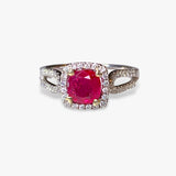 18k White Gold Cushion Ruby Diamond Halo Split Shank Ring