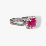 18k White Gold Cushion Ruby Diamond Halo Split Shank Ring Side View