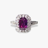 18k White Gold Elongated Cushion Ruby Diamond Double Halo Ring
