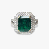 18k White Gold Emerald Diamond Double Halo Split Shank Ring