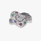 18k White Gold Emerald, Ruby, Sapphire and Diamond Heart Ring