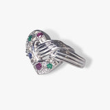 18k White Gold Emerald, Ruby, Sapphire and Diamond Heart Ring Side View