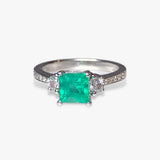 18k White Gold Emerald and Diamond Three-Stone Ring