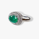 18k White Gold Oval Emerald and Diamond East-West Double Halo Ring Side View