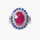 18k White Gold Oval Ruby Blue Sapphire and Diamond Halo Ring