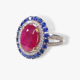 18k White Gold Oval Ruby Blue Sapphire and Diamond Halo Ring Side View