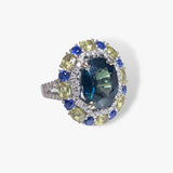 18k White Gold Teal, Blue and Yellow Sapphire Diamond Cocktail Ring Side View