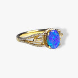 18k Yellow Gold Black Opal and Diamond Split Shank Ring Side View
