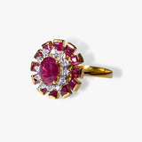 18k Yellow Gold Oval and Princess Cut Ruby and Round Diamond Cluster Ring Side View