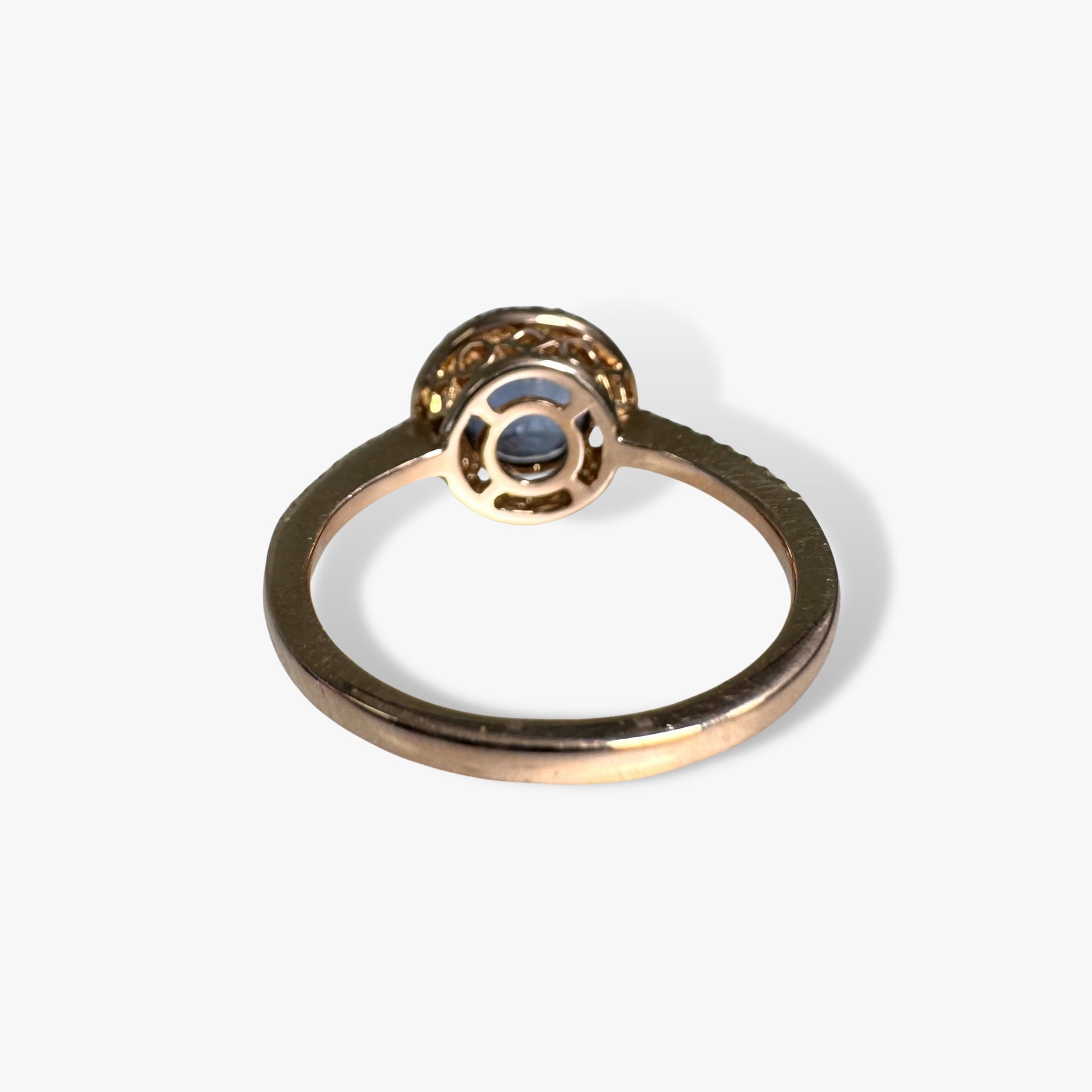 14 Rose Gold Round Cut Blue Sapphire Diamond Halo Ring Back View