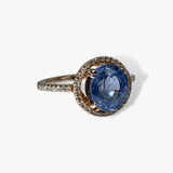 14 Rose Gold Round Cut Blue Sapphire Diamond Halo Ring Side View