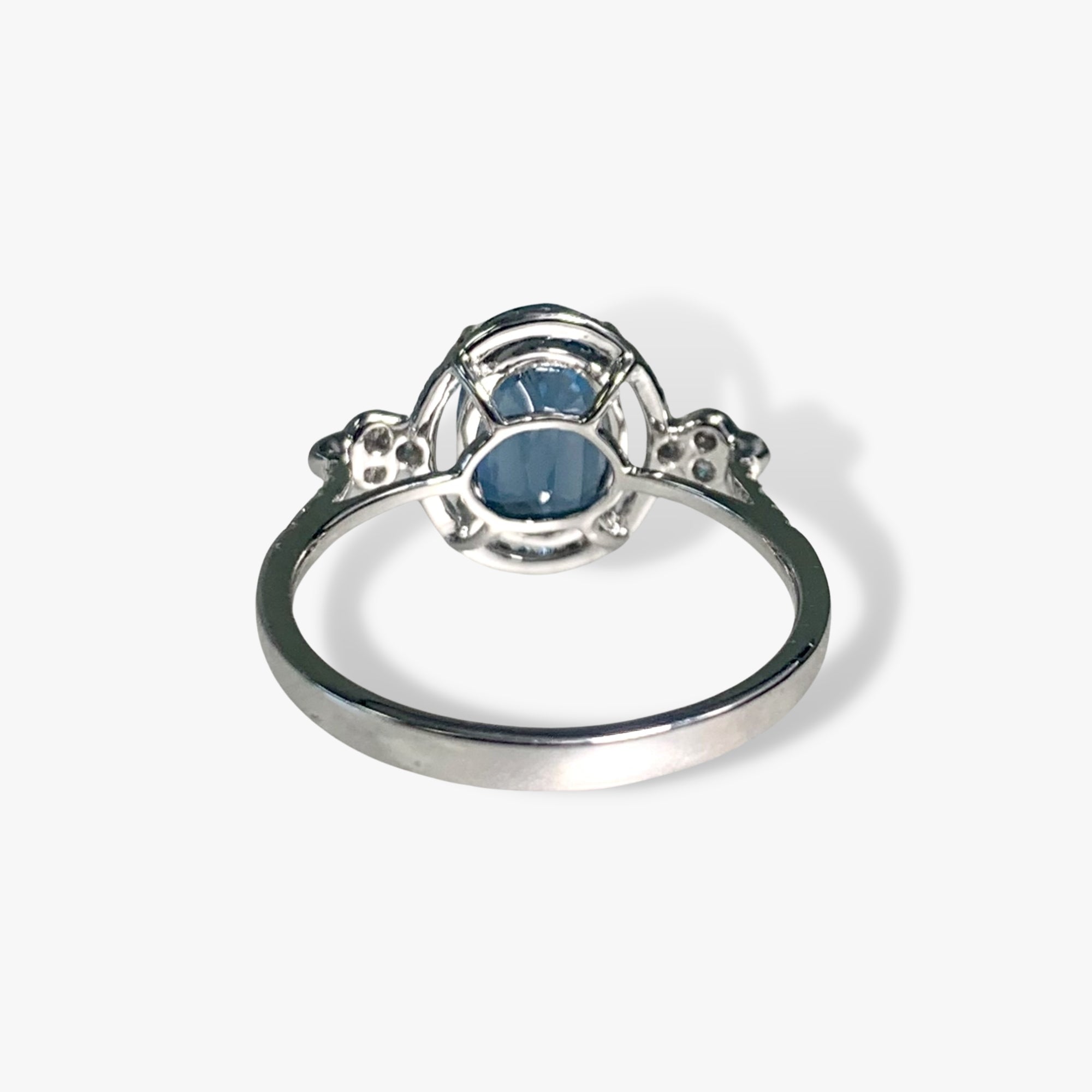 14k White Gold Oval Cut Blue Sapphire and Diamond Ring Back View