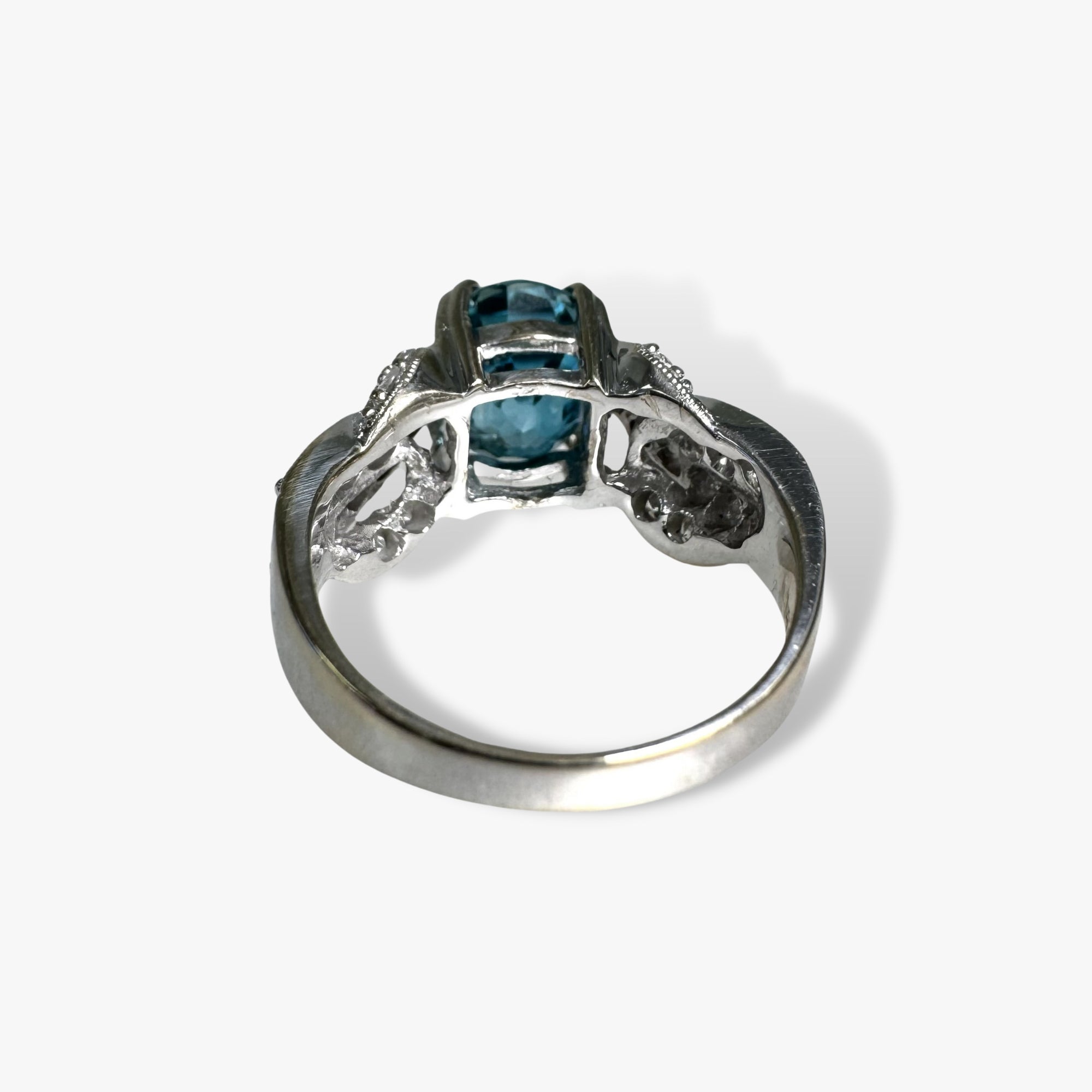 14k White Gold Oval Cut Blue Zircon and Diamond Vintage Ring Back View