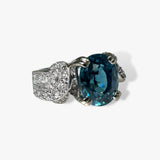 14k White Gold Oval Cut Blue Zircon and Diamond Vintage Ring Side View
