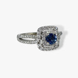 14k White Gold Round Cut Blue Sapphire Double Halo Split Shank Ring Side View