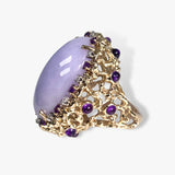 14k Yellow Gold Lavender Jade, Amethyst and Diamond Vintage Cocktail Ring Side View