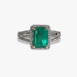 18k White Gold Emerald Cut Emerald Diamond Halo Triple Split Shank Ring