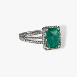 18k White Gold Emerald Cut Emerald Diamond Halo Triple Split Shank Ring Side View