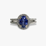 18k White Gold Oval Cut Blue Sapphire Diamond Halo Split Shank Ring