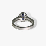 18k White Gold Oval Cut Blue Sapphire Diamond Halo Split Shank Ring Back View