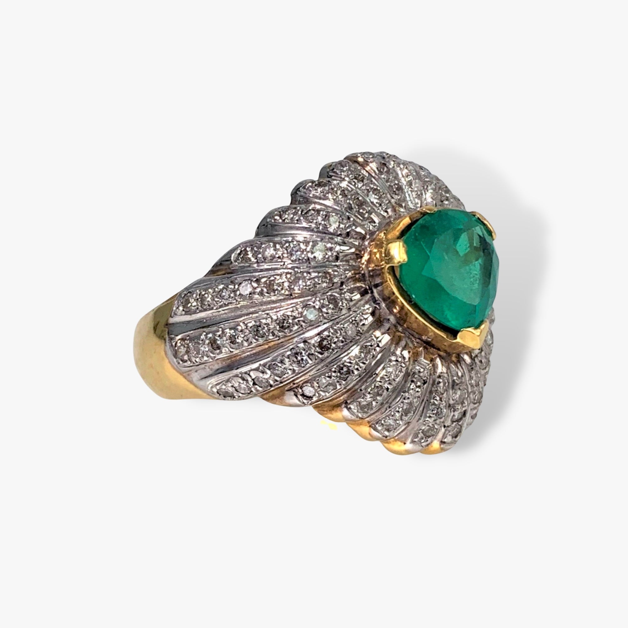 18k Yellow and White Gold Emerald and Diamond Vintage Cocktail Ring