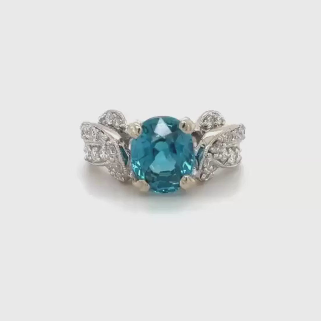 14k White Gold Oval Cut Blue Zircon and Diamond Vintage Ring