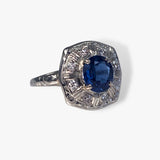 14k White Gold Round Blue and White Sapphire Vintage Ring Side View