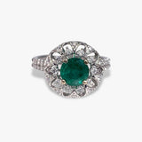 18k White Gold Round Emerald Diamond Floral Cocktail Ring