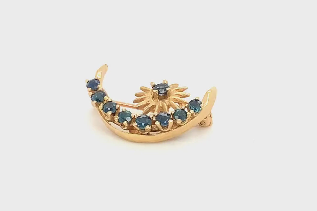 14k Yellow Gold Round Blue Sapphire Celestial Vintage Brooch